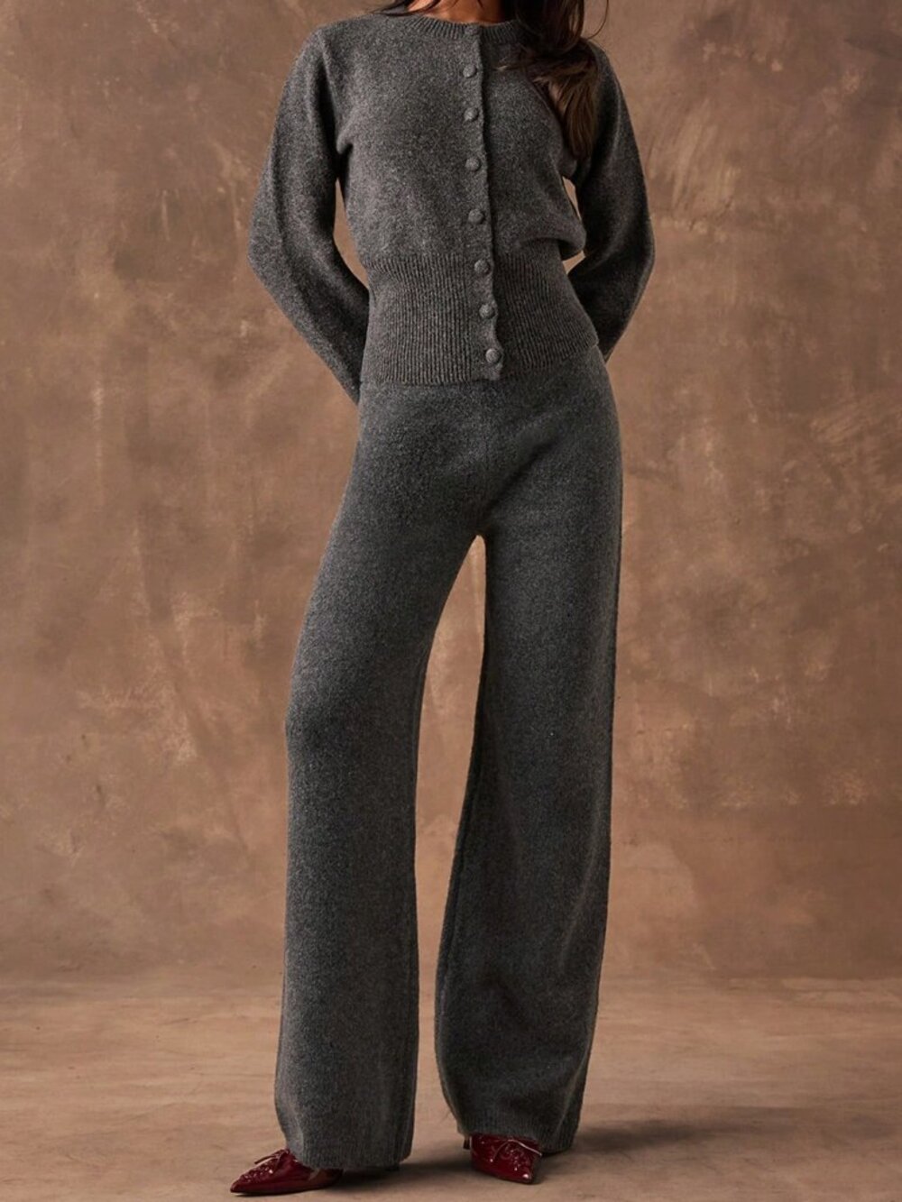 Dark Grey Casual Women's Cardigan And Knit Pants Set